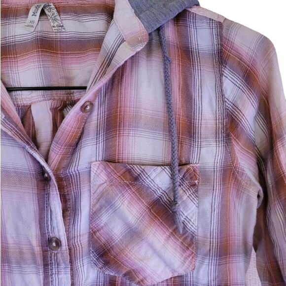 Mudd Womens Plaid Button Hoodie XS Rust Pink Gray Lightweight Cotton Modal - Picture 7 of 10